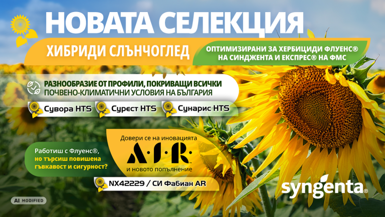 Рекламен банер с слънчогледи и текст „Новата селекция“ от Syngenta.